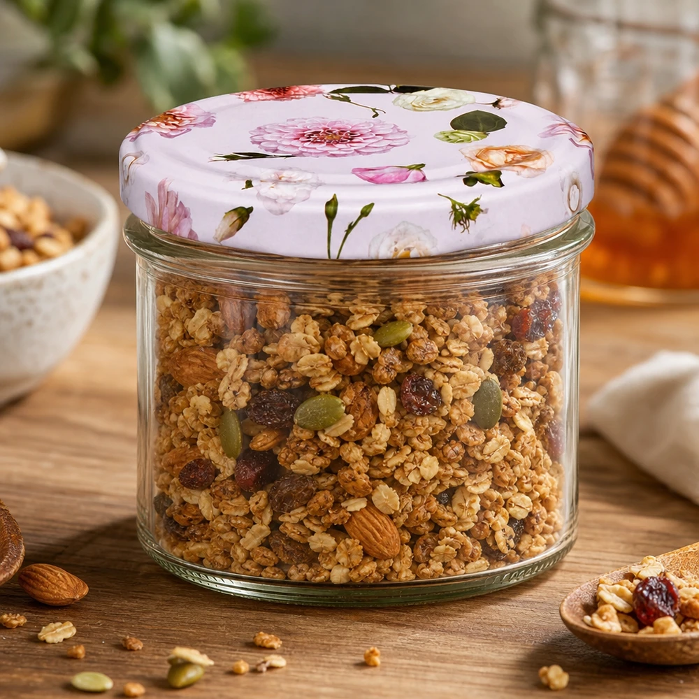 225ml kelímky + víčko BasicSeal flower pink UNiTWIST Müsli Granola in 225ml Sturzglas mit rosa Blumen Deckel - vielseitige Aufbewahrung für Lebensmittel und Snacks