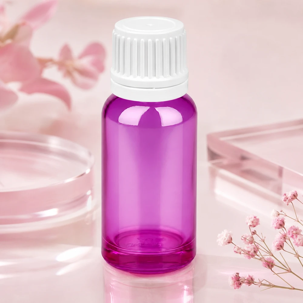 Handliche 20ml Reiseflasche aus violettem Glas mit sicherem weißem Verschluss für unterwegs