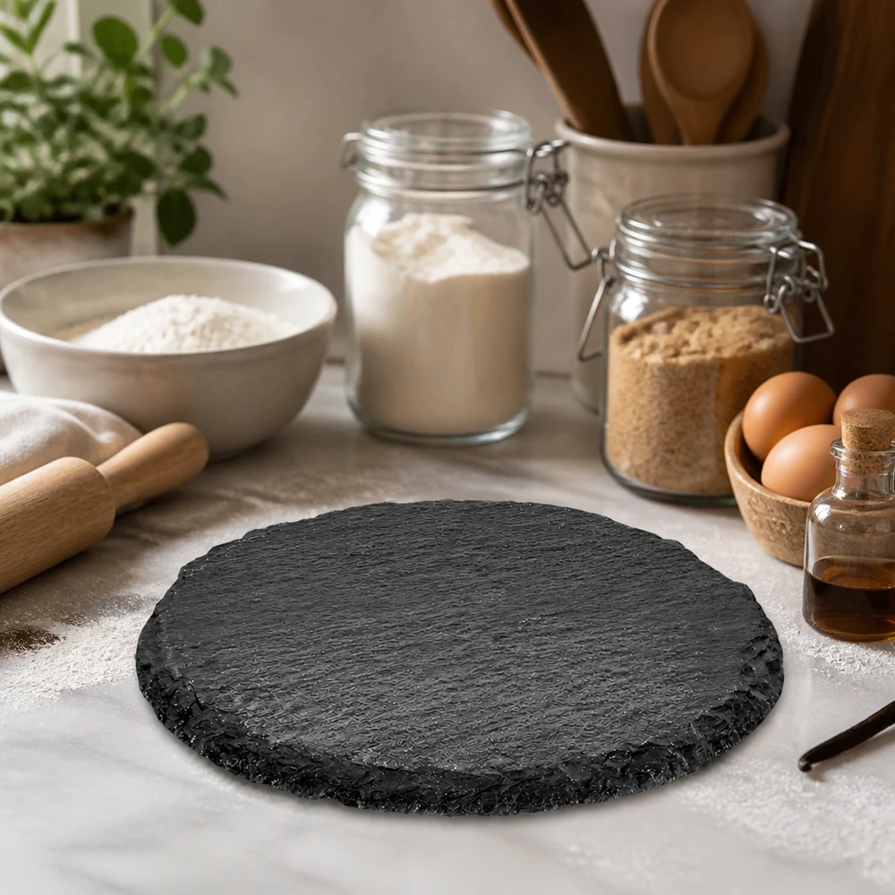 Břidlicový servírovací talíř kulatý Ø150mm Runde Schieferservierplatte 15cm inmitten von Backzutaten und Küchenutensilien als stilvolle Arbeitsunterlage