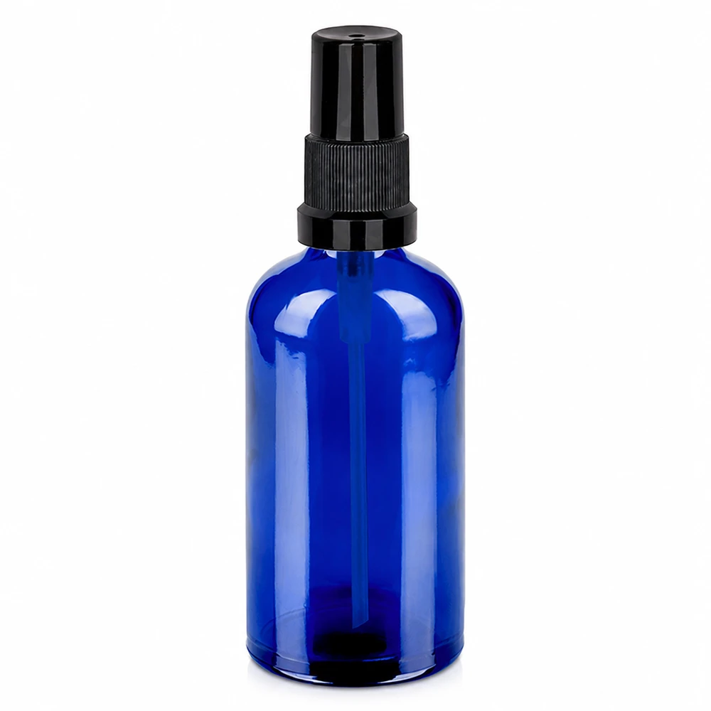 Kompakte 100ml Glassprayflasche blau mit schwarzem Zerstäuber - BlueLine UT18/100