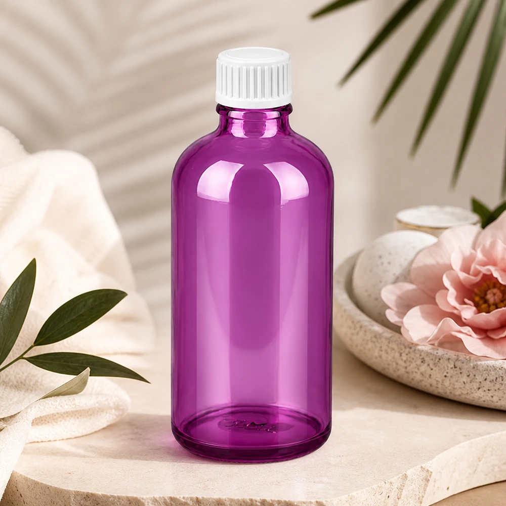 100ml (globulová) lahvička s 3mm nalévacím kroužkem bílá Standard PurpleLine. UT18/100 Moderne 100ml Purple Glasflasche mit UT18 Gewinde für hochwertige Beauty und Wellness Produkte