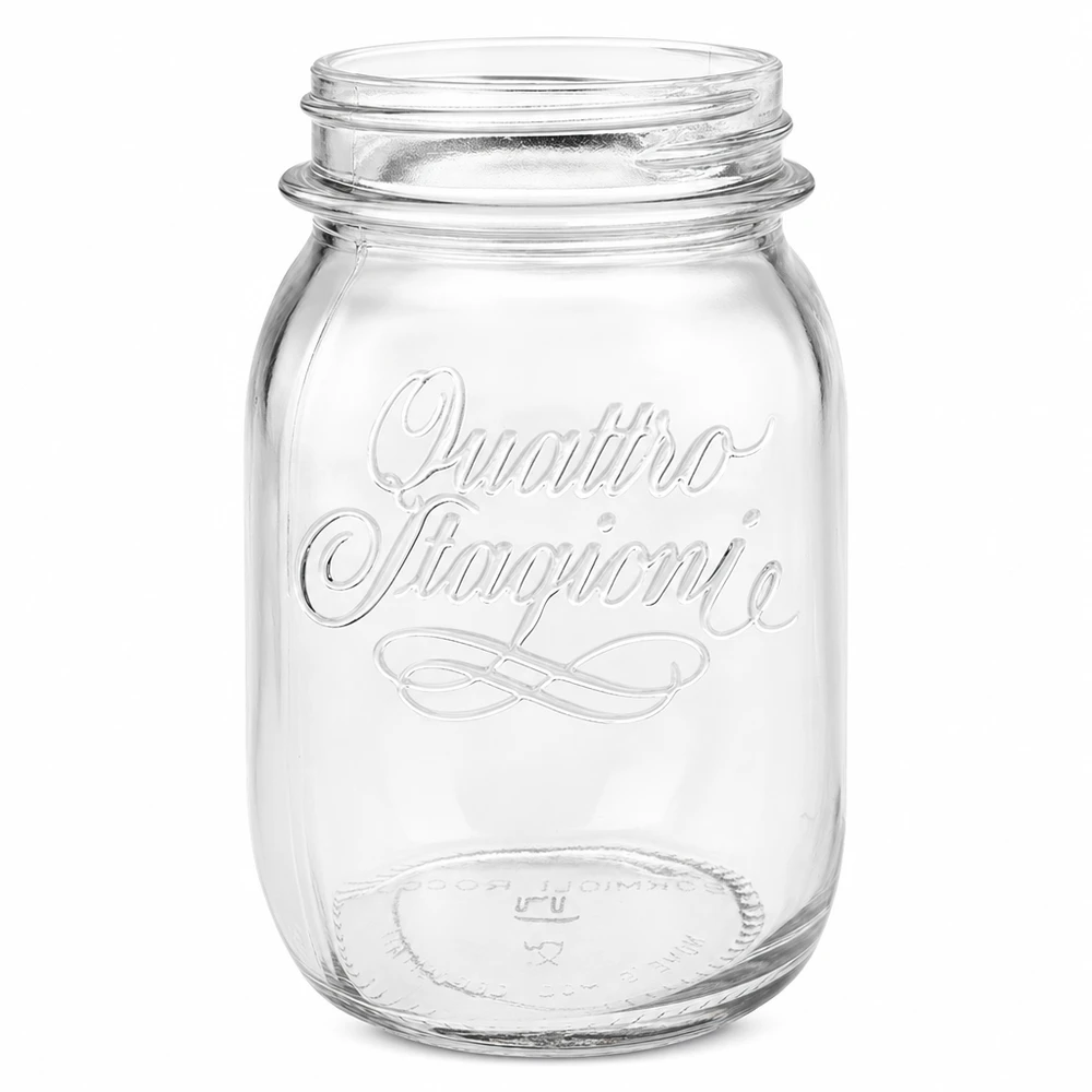 500ml kulatá sklenice "Quattro Stagioni" QS70mm 500ml Quattro Stagioni Einmachglas aus klarem Glas mit geprägtem Logo ohne Deckel auf weißem Hintergrund