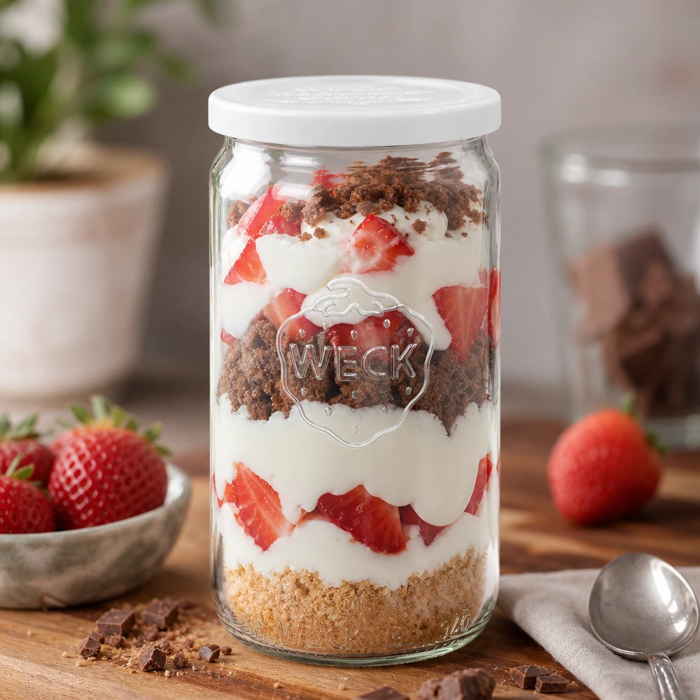 340ml válcová sklenice se skleněným víčkem WECK RR60 pro zachování čerstvosti. WECK Zylinderglas 340ml als Dessertglas mit Erdbeeren und Sahne Schichtdessert dekorativ angerichtet