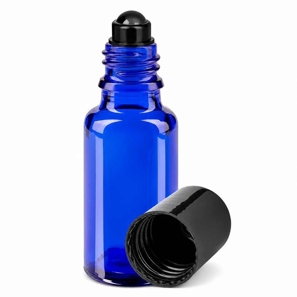 Lékárenská lahvička modrá 20ml roll-on uzávěr černý Blaue Apothekerglas Flasche 20ml mit Roll-On Aufsatz ideal für Kosmetik und Aromatherapie