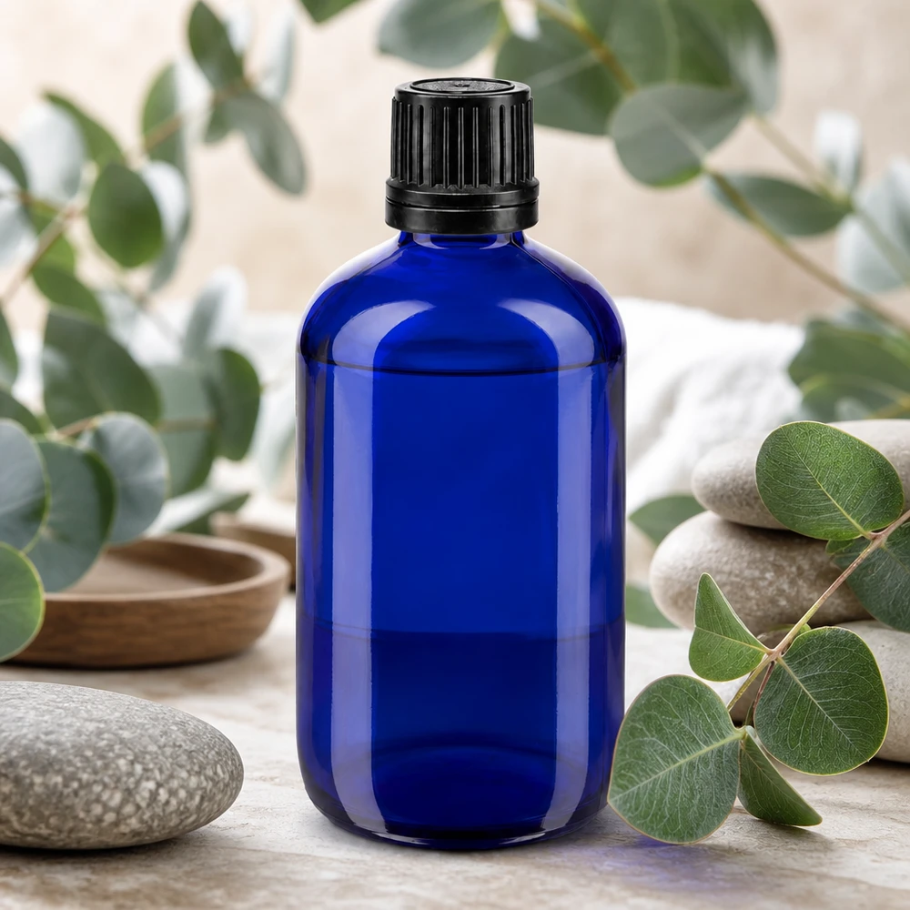 Lékárenská láhev modrá 100ml šroubovací uzávěr černý nalévací kroužek nedovolená manipulace s uzávěrem. Lichtschutzflasche aus blauem Apothekerglas 100ml mit 8mm Schraubverschluss schwarz