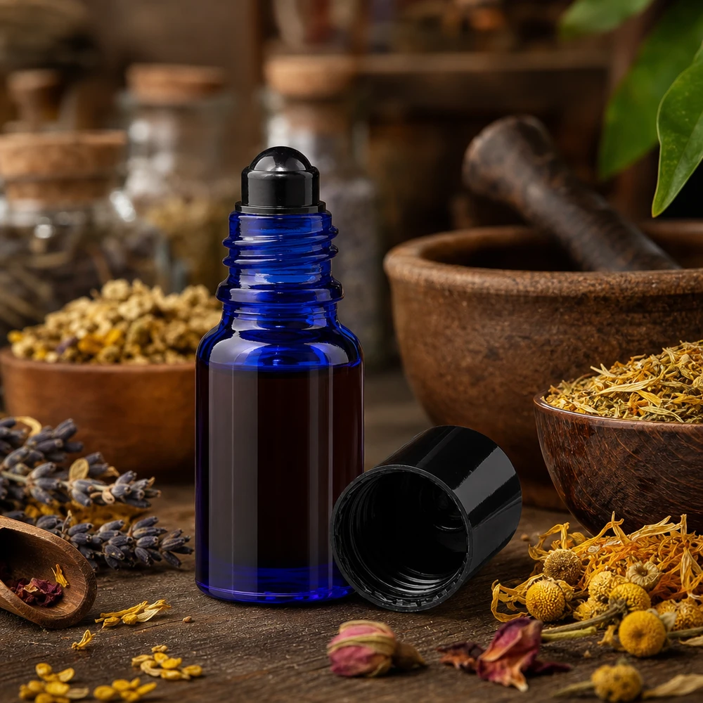 Kleine blaue 10ml Rollerflasche aus Apothekerglas mit schwarzem Deckel in apothekartypischer Umgebung