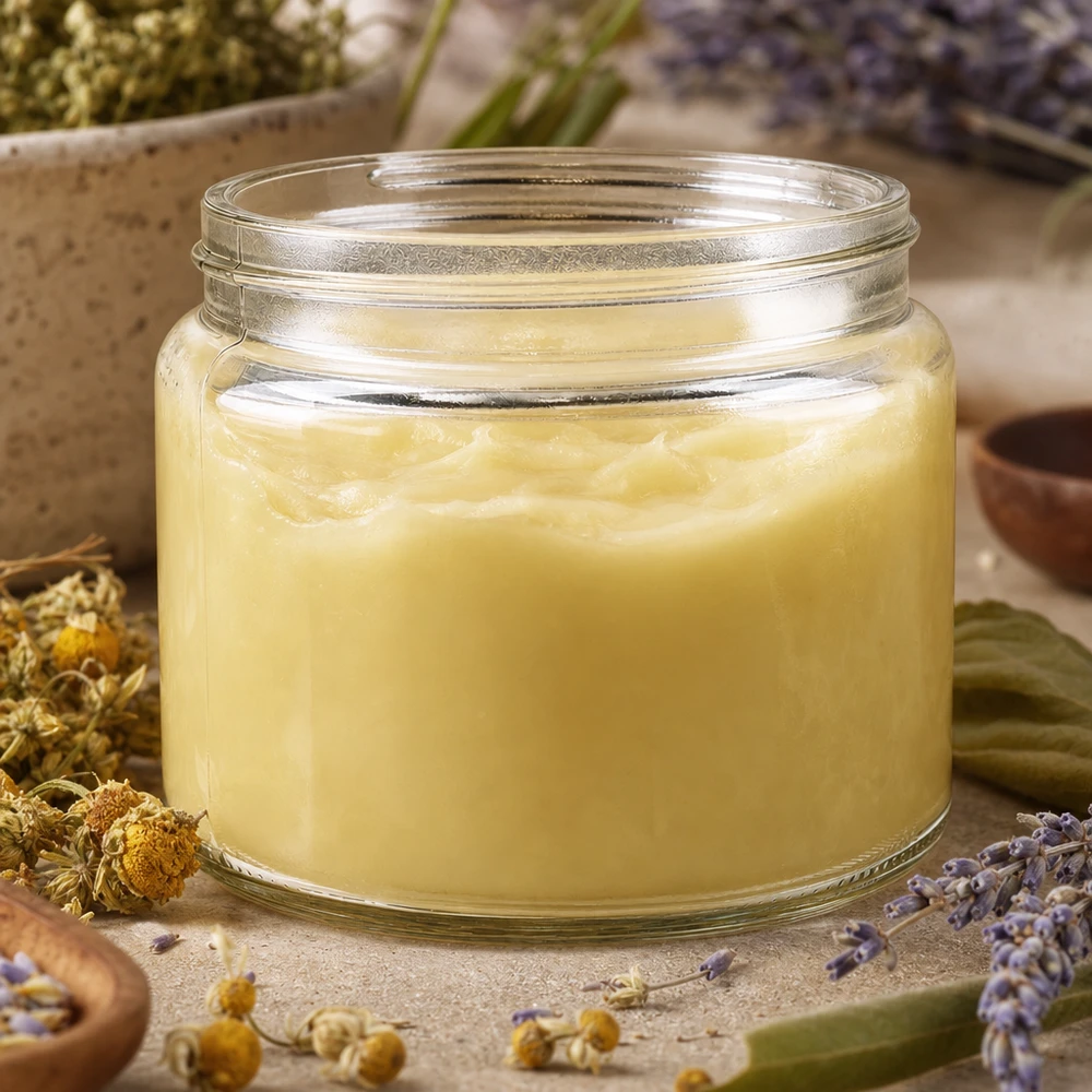 Dóza na mast (skleněná dóza) 250 ml čirá, bez víčka, závit 83 mm/R3 Glastiegel 250ml mit cremiger gelber Salbe gefüllt umgeben von Kamillenblüten und Lavendel natürliche Hautpflege