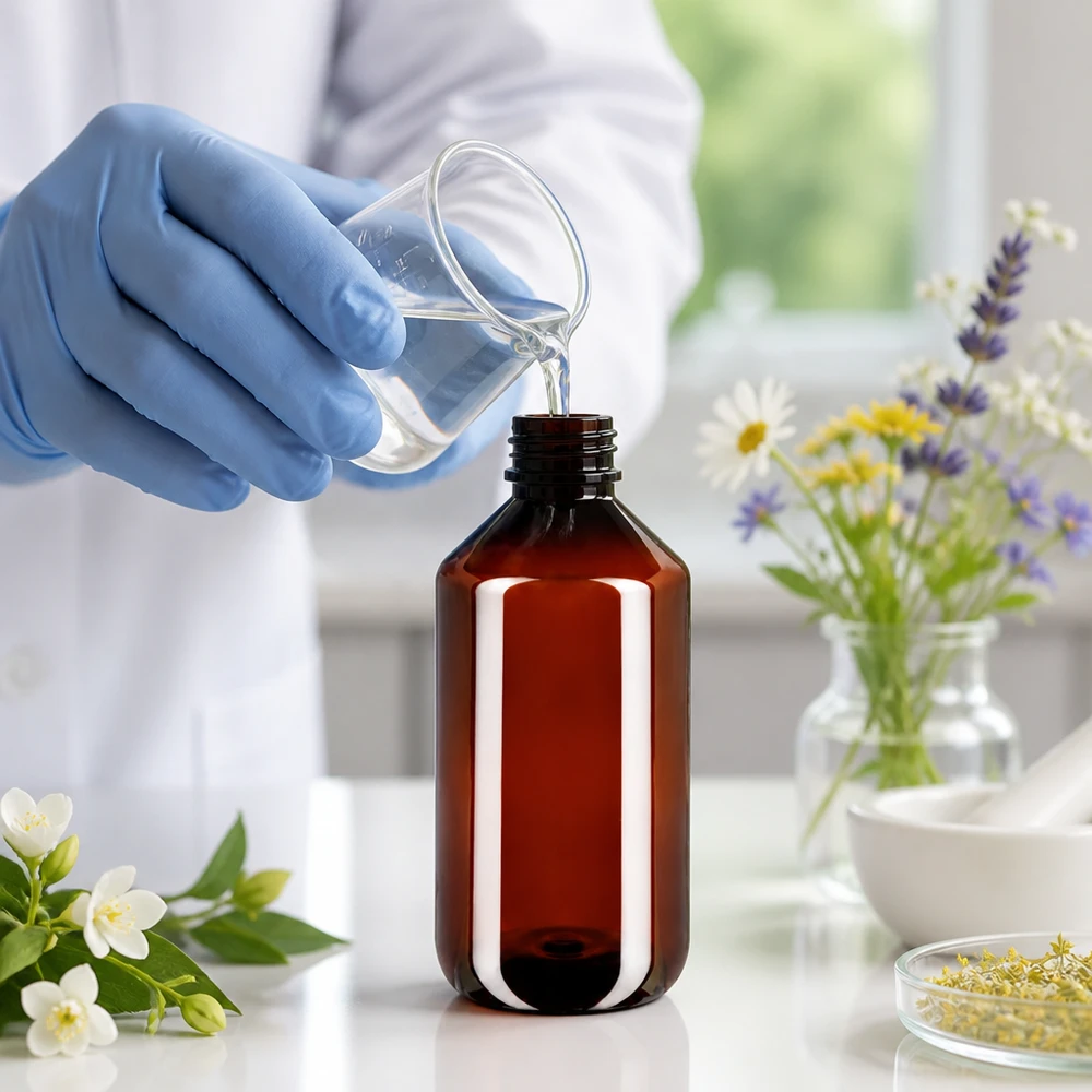 PET láhev 500ml se zeleným uzávěrem, který je zřetelný při manipulaci s lahví. Laborant plní hnědou PET láhev o objemu 500 ml se zeleným originálním uzávěrem určenou pro přírodní produkty