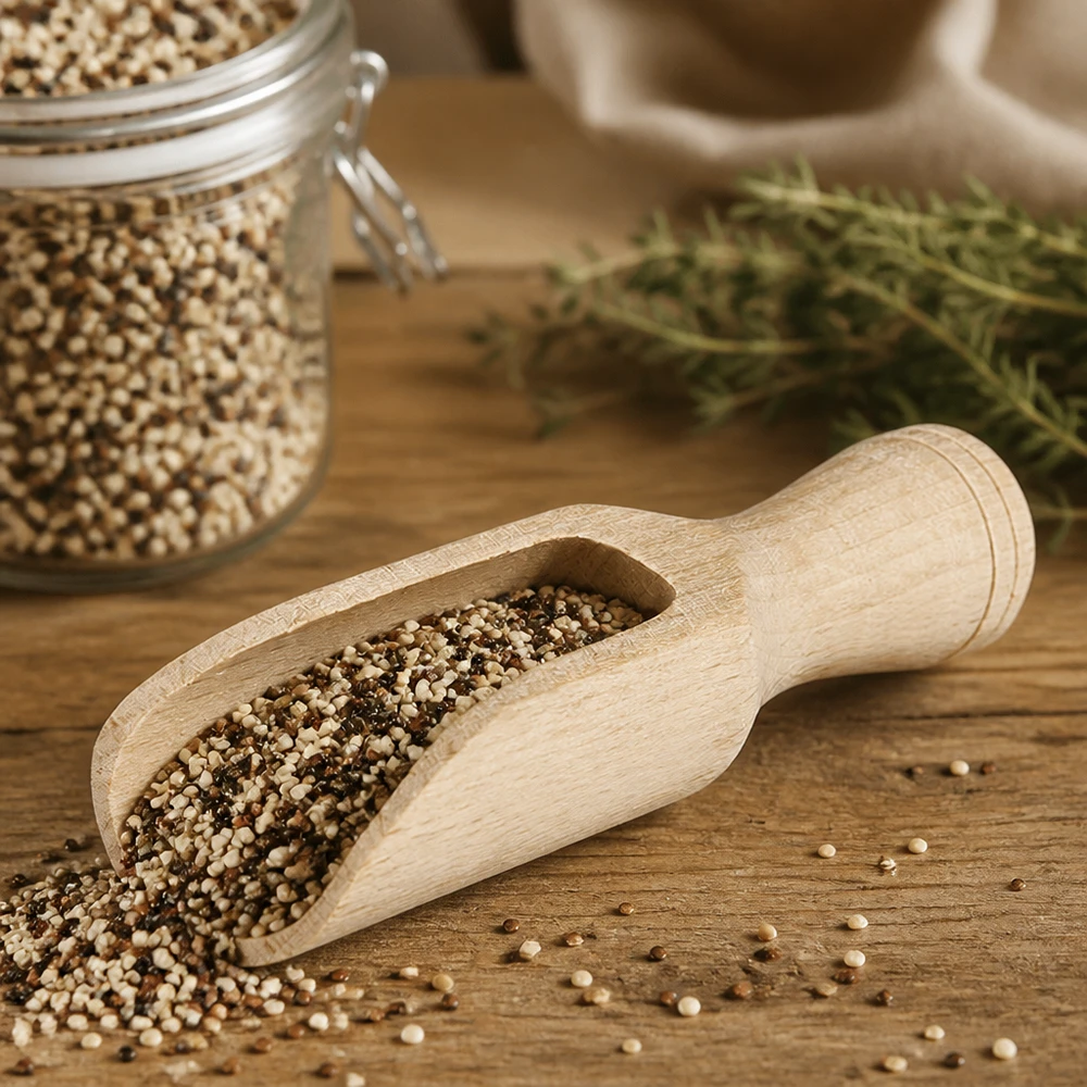 Dřevěná lopatka velikosti S půlkruhového tvaru - délka 75mm Buchenholz-Schaufel S mit Koriandersamen gefüllt auf Holztisch neben Kräuterglas stilvolle Küchenhelfer-Szene