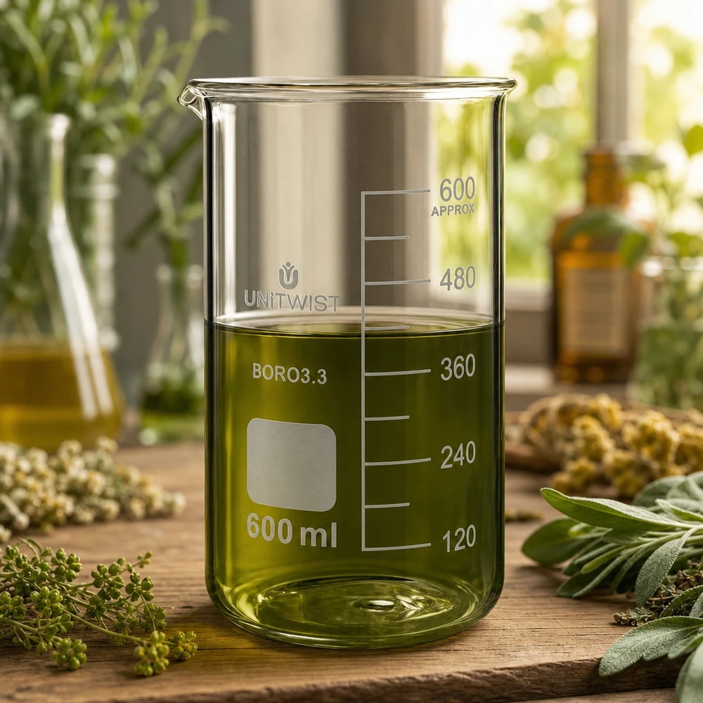 Transparentes UNITWIST Becherglas 600ml Borosilikat gefüllt mit grünem Extrakt bei Tageslicht