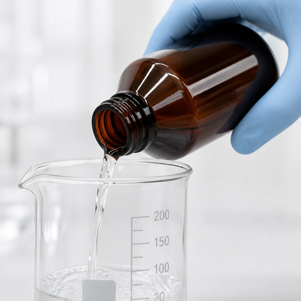 PET láhev 200ml se standardním bílým uzávěrem s pojistkou proti manipulaci Laborant nalévá čirou kapalinu z hnědé PET láhve o objemu 200 ml do kádinky