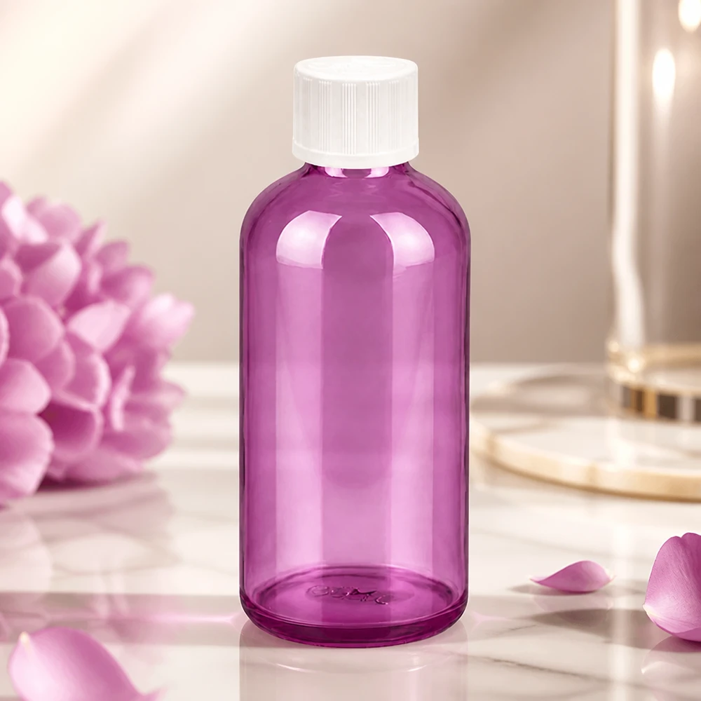 100ml lahvička s kapátkem 1,2mm bílé standardní dětské pojistky PurpleLine. UT18/100 Durchsichtige lila Flasche 100ml mit Standard-Gewinde UT18/100 kompatibel zu handelsüblichen Verschlüssen