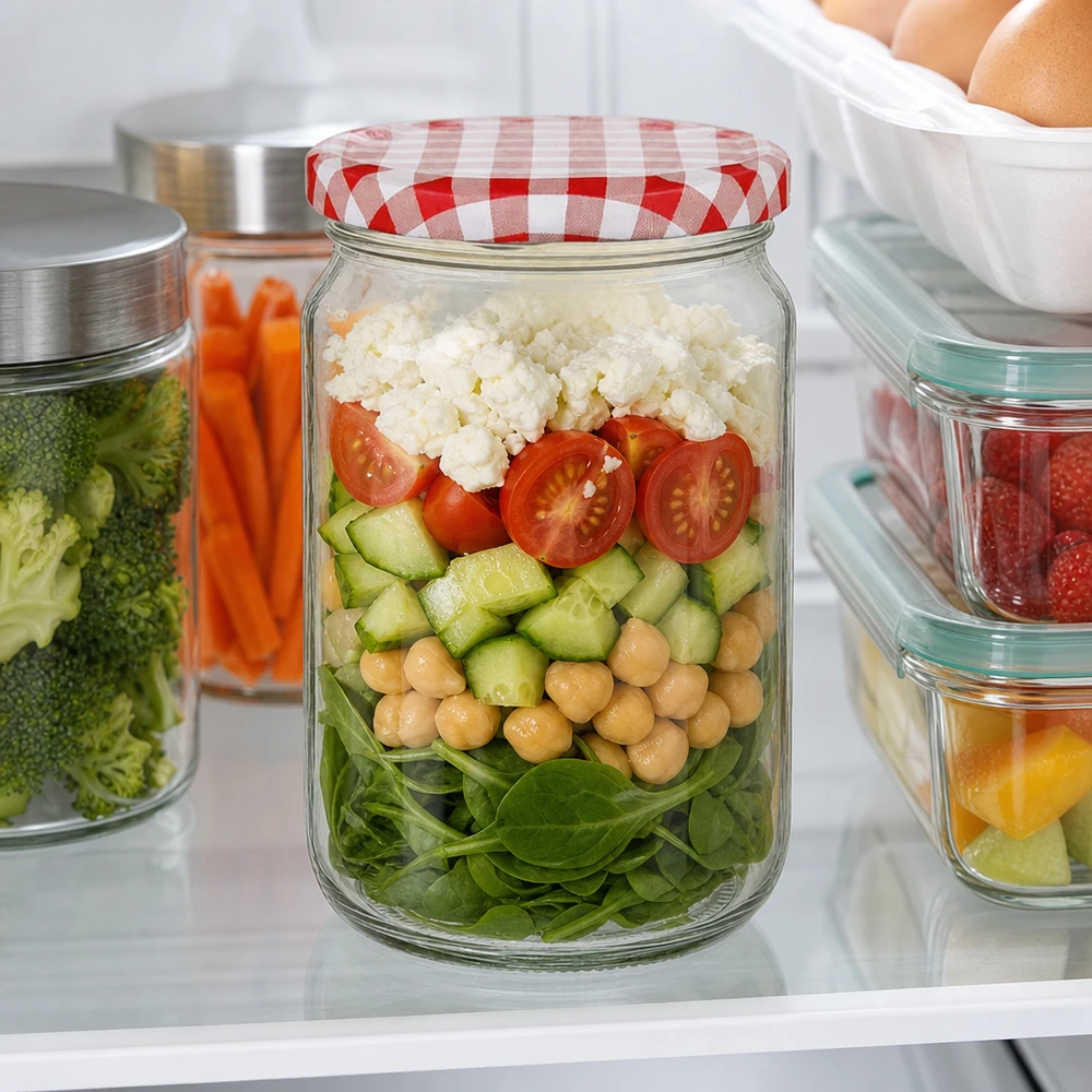 795ml kulatá sklenice s víčkem BasicSeal červená/bílá UNiTWIST 795ml Rundglas mit BasicSeal Deckel als Meal-Prep-Container mit Salat, Kichererbsen und Feta im Kühlschrank