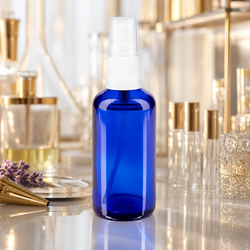 Lékárenská lahvička modrá 50ml s rozprašovacím víčkem bílá 50ml Rundschulterflasche blaues Apothekerglas weißer Sprühkopf in goldenem Kosmetikumfeld