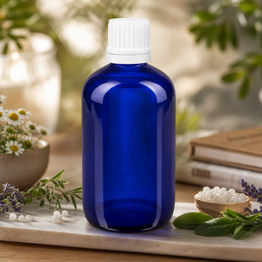 UV-schützende kobaltblaue 100ml Flasche ApoGlas mit weißem OV-Verschluss für ätherische Öle