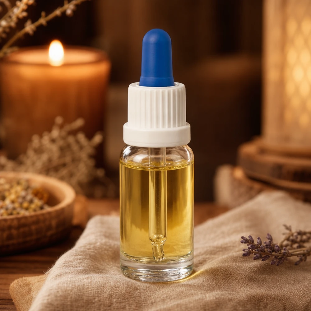 Pipettenflasche 10ml mit Tropfer für Kosmetik und Naturheilkunde auf rustikalem Holzuntergrund