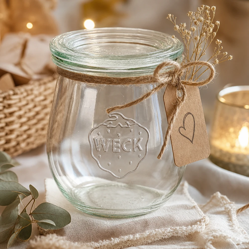 220ml tulipánová sklenice se skleněným víčkem WECK RR60 WECK Tulpenglas 220ml RR60 dekorativ mit Juteschnur Kraftpapier-Anhänger und getrockneten Blumen als Geschenkidee