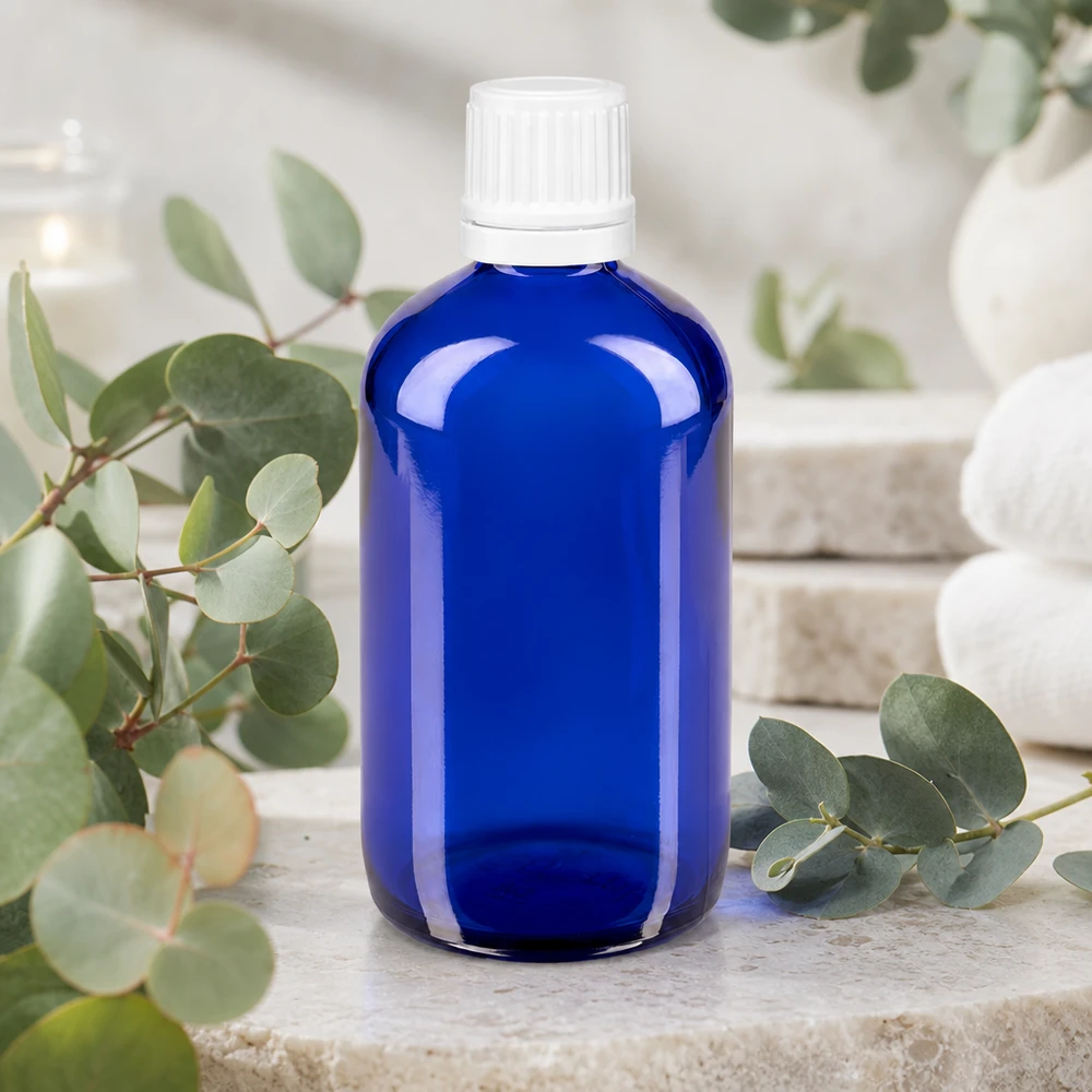 Lichtschutzflasche blau 100ml Borosilikatglas mit Schraubverschluss für Naturheilmittel und Öle