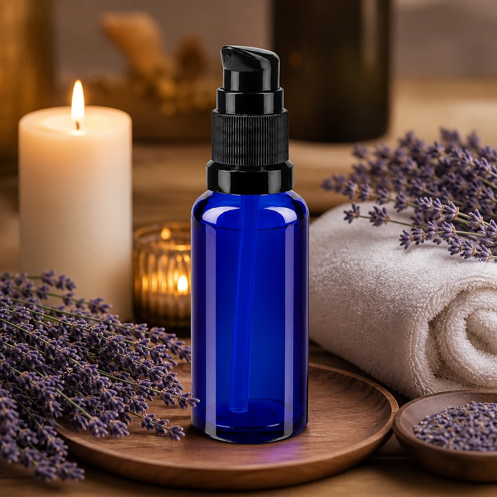 Lékárenská láhev modrá 30ml pumpovací uzávěr černý standardní Dunkelblaues Apothekerflacon 30ml mit präziser Schwarzpumpe für Hautpflegeprodukte
