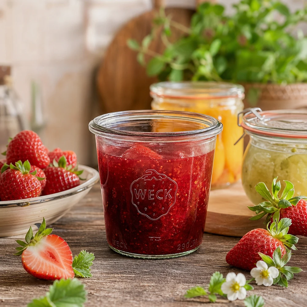 290ml vysoké sklenice WECK RR80 s dřevěným víčkem. 290ml WECK Sturzglas RR80 mit Erdbeermarmelade gefüllt neben frischen Erdbeeren auf Holztisch rustikale Küche