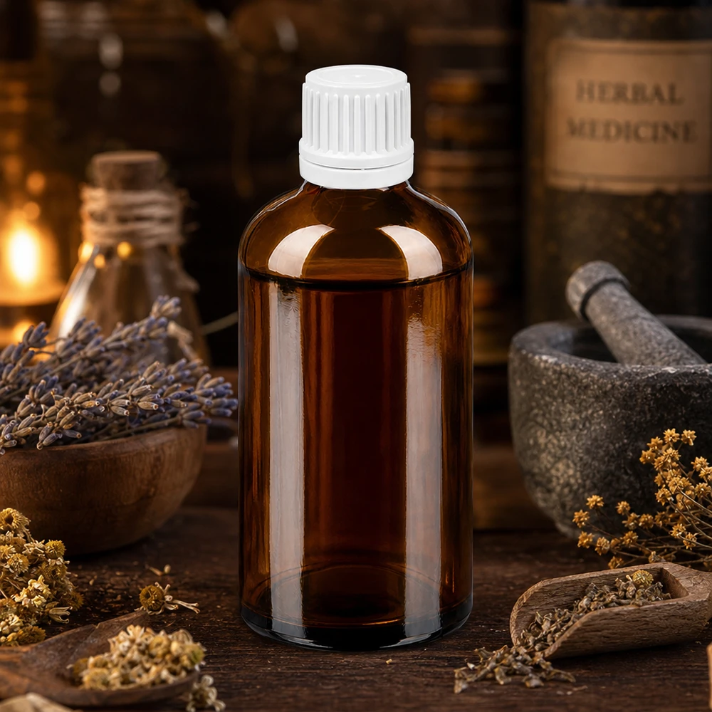 100ml láhev 11mm šroubovací uzávěr bílý tamper evidentní uzávěr BrownLine UT18/100 Professionelle Medizinflasche 100ml mit Tropfschutz-Verschluss für sichere Anwendung