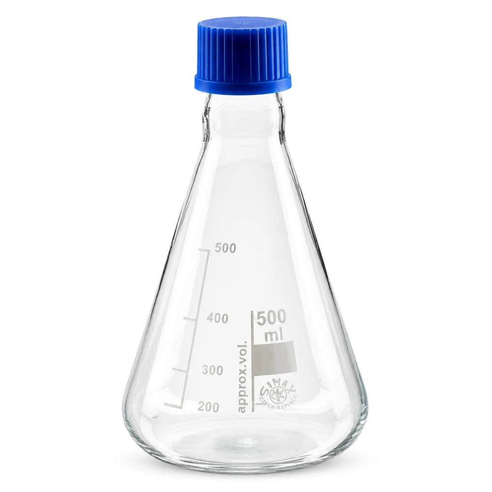 Erlenmeyerova baňka 500ml se šroubovacím uzávěrem Erlenmeyerkolben für chemische Experimente 500ml Volumen mit sicherem Verschluss
