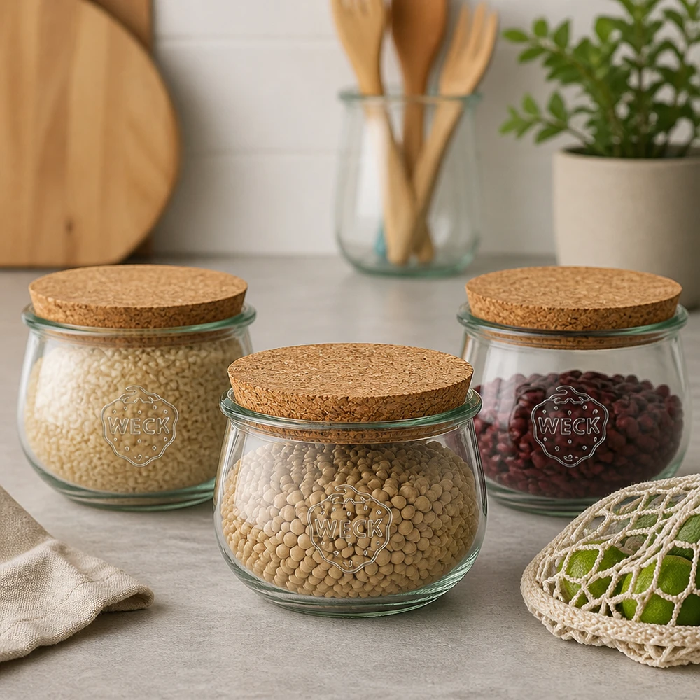 WECK Tulpengläser RR100 580ml mit Korkdeckel als Vorratsgläser für Hülsenfrüchte und Getreide in Küche