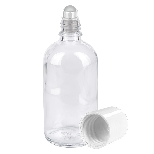 100ml Roll-On Behälter Klarglas mit weissem Deckel abseits liegend ClearLine UT18