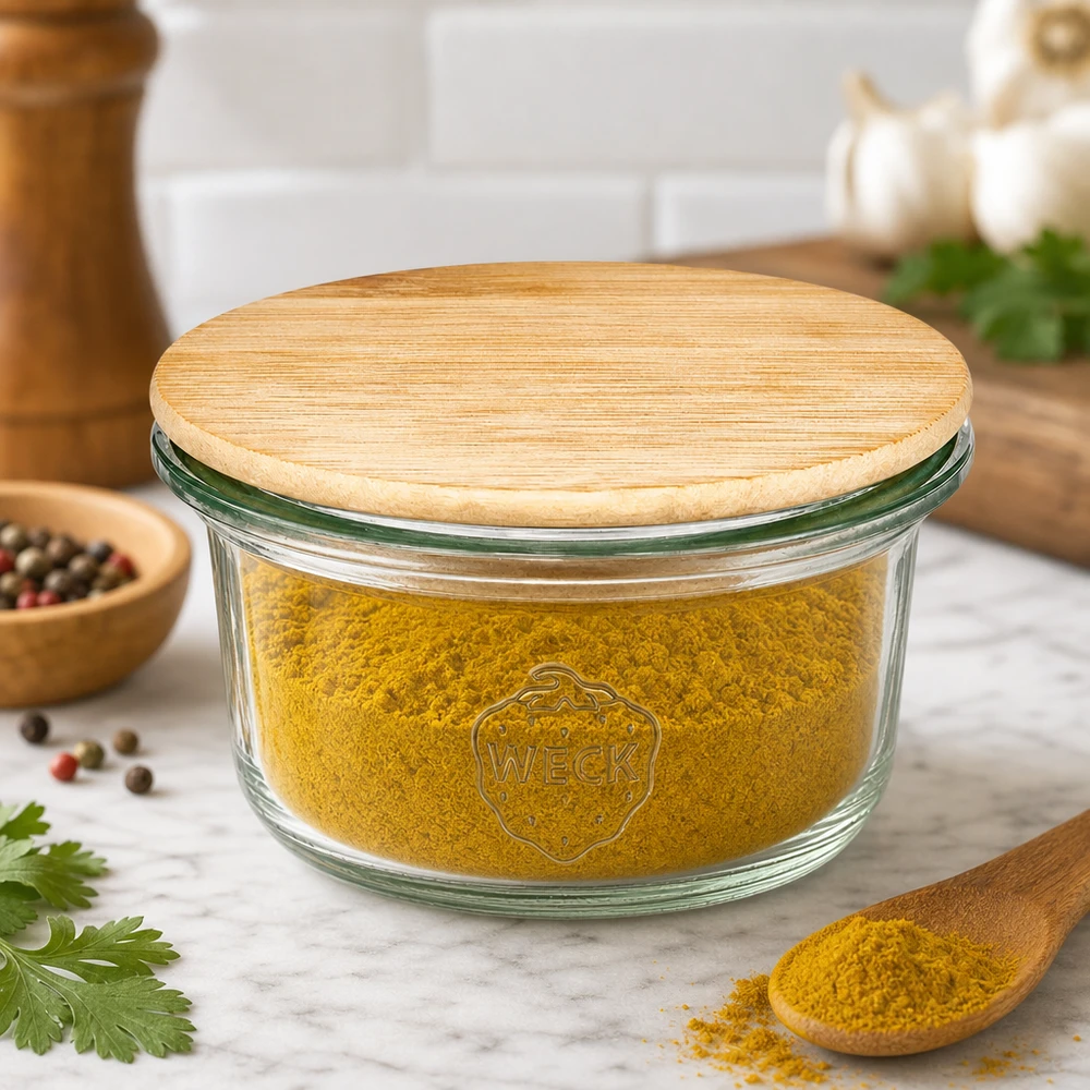 WECK Mini Sturzglas 50ml mit Holzdeckel gefüllt mit gelbem Gewürzpulver in moderner Küche mit Kräutern