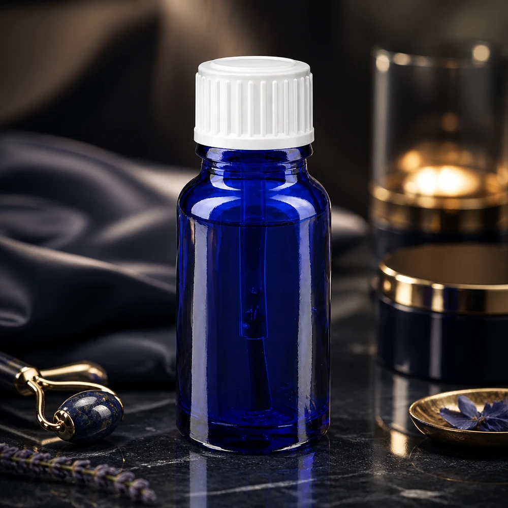 Lékárenská lahvička modrá 10ml šroubovací uzávěr bílá kartáčová Schlanke blaue Tropfflasche 10ml aus Apothekerglas mit weißem Dosieraufsatz