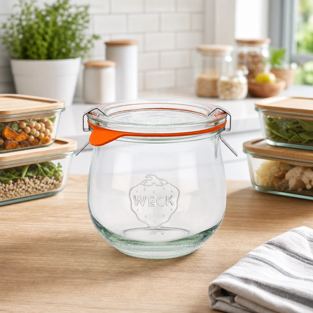 WECK Tulpenglas 370ml RR80 mit Bügelverschluss auf Holzarbeitsplatte in moderner Küche zwischen Glasschalen