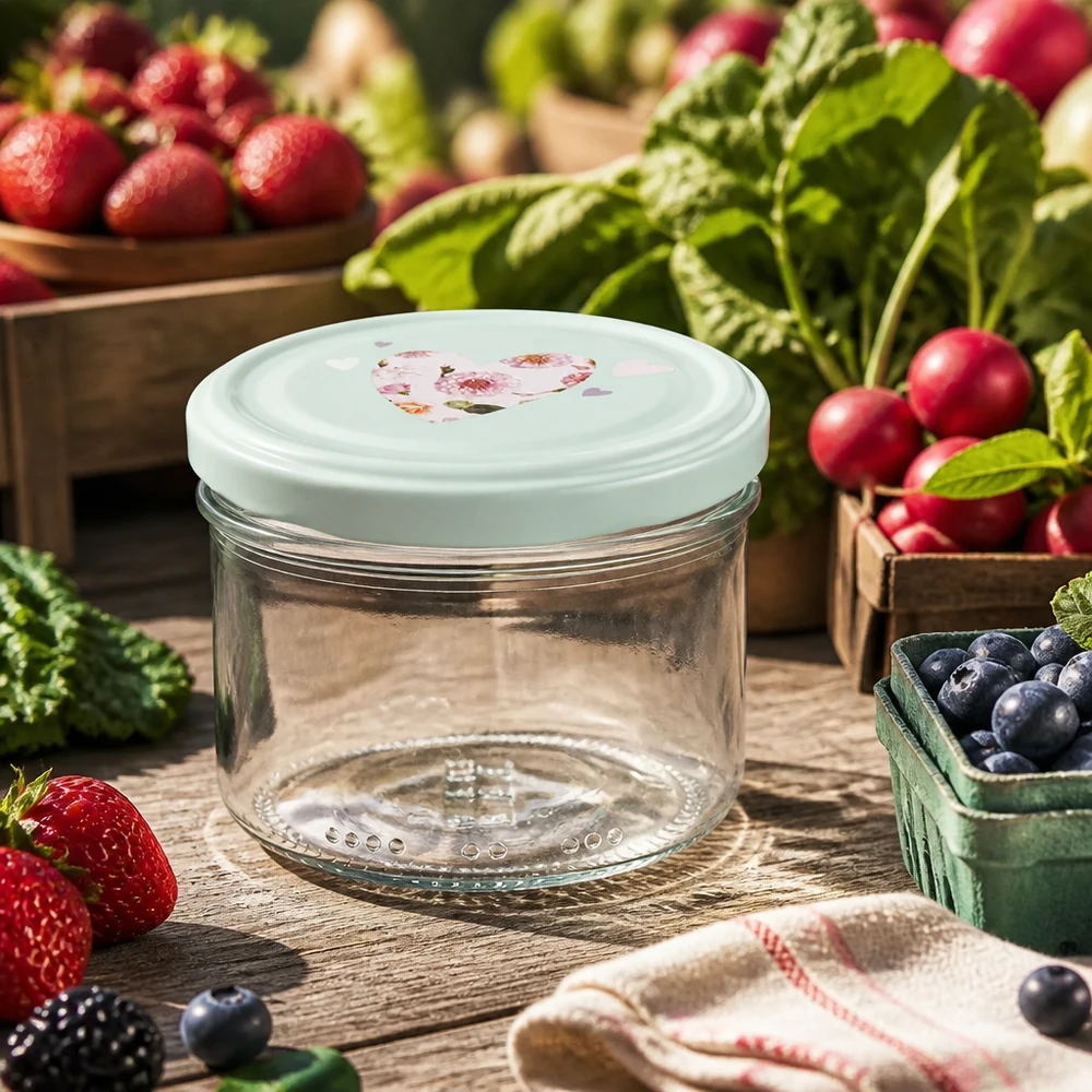 230ml cylindrická sklenice + víčko BasicSeal srdíčková máta 230ml Zylinderglas mit BasicSeal Deckel Herz mint zwischen frischen Beeren Radieschen und Blaubeeren auf Holztisch