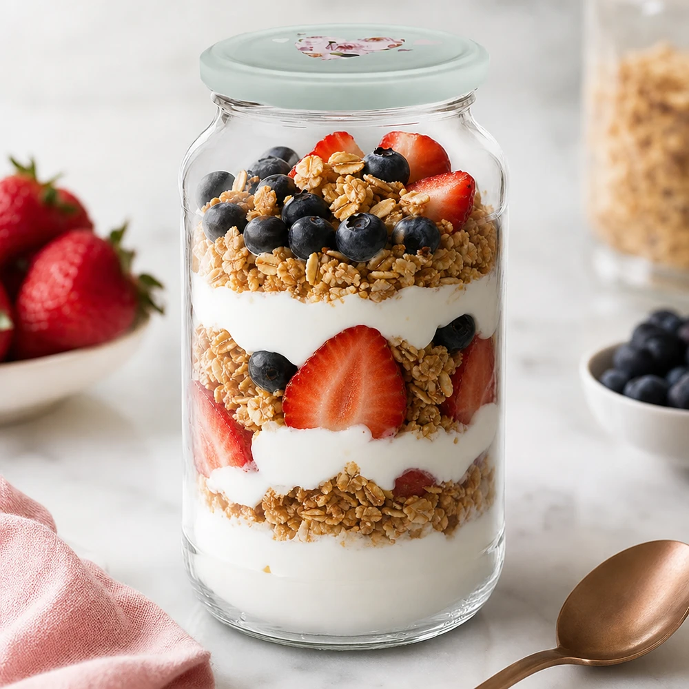 Overnight Oats Schichtdessert im 1062ml Rundglas mit mintgrünem Herz-Deckel zeigt kreative Frühstücks-Zubereitung