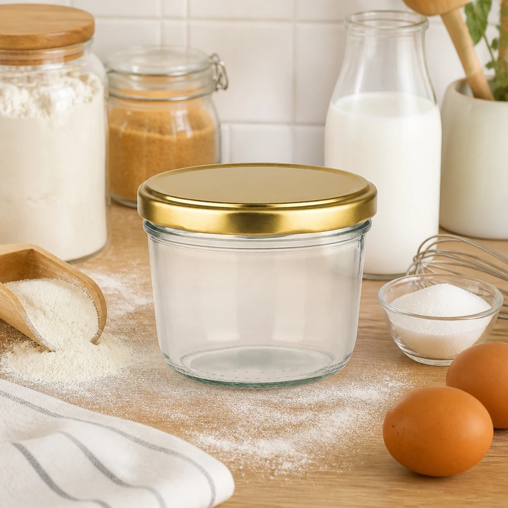 230ml tumblery s víčkem BasicSeal zlaté UNiTWIST. 230ml Sturzglas mit goldenem Deckel in Küche zwischen Backzutaten wie Mehl, Milch und Eiern auf Holzbrett