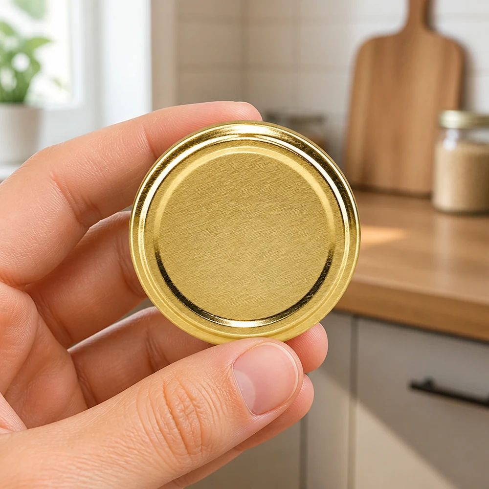 Zlaté šroubovací víčko 63 mm TO63 na pozadí kuchyně, vyfocené z ruky