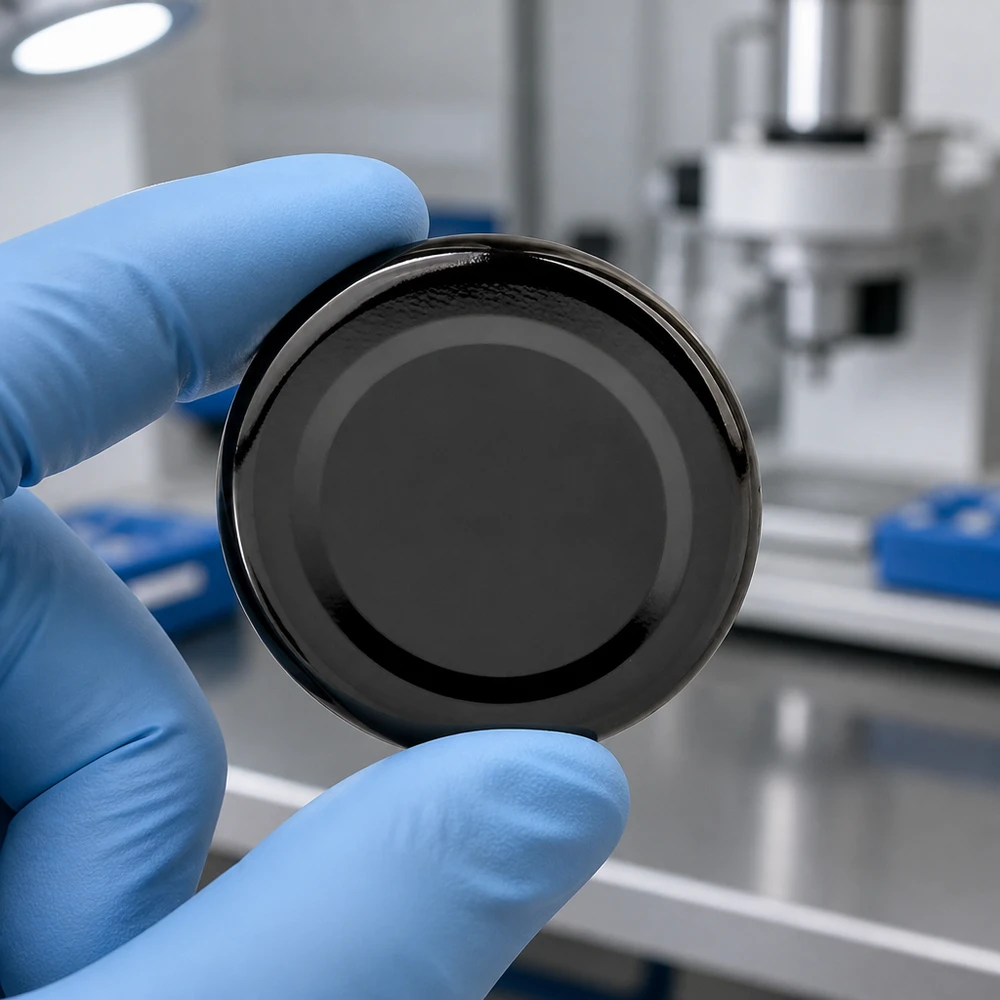 43mm víčko BasicSeal, černé, TO43, v laboratorním prostředí pod profesionálním osvětlením