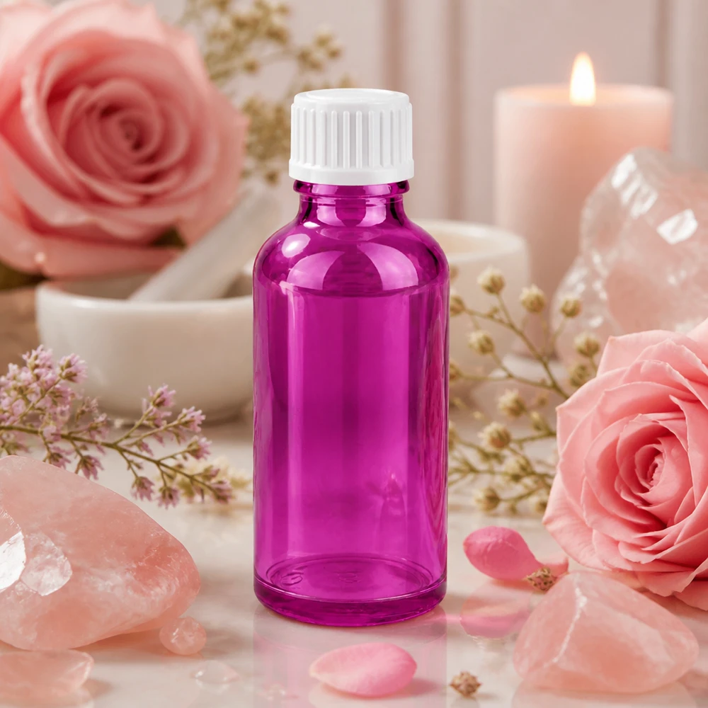 Kompakte 50ml Glasflasche in lila für präzise Dosierung von Ölen und flüssigen Kosmetika