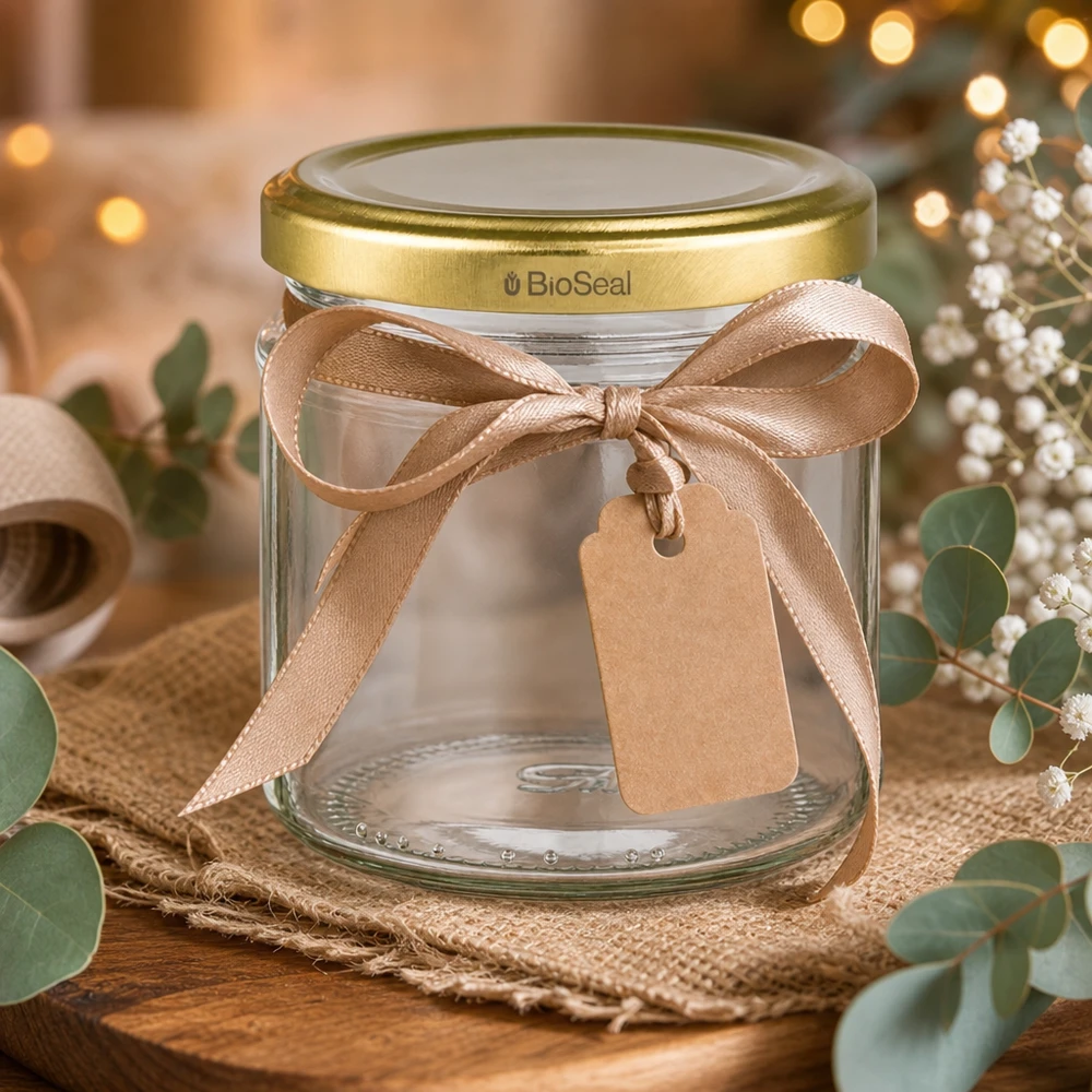 Kulatá sklenice o objemu 212 ml se zlatým víčkem UNiTWIST BioSeal. UNiTWIST Rundglas 212ml mit goldenem BioSeal Deckel als Geschenkverpackung mit Schleife und Anhänger dekoriert