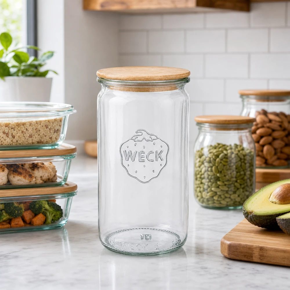 WECK Zylinderglas 340ml RR60 mit Holzdeckel in Küchenambiente neben Meal-Prep-Behältern und Vorratsdosen