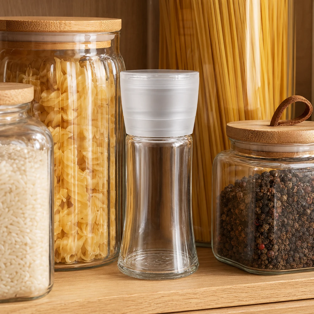 Sklenice na sůl/koření 95 ml s mlýnkem Vario bílá Nachfüllbare Mühle 95ml für Salz und Gewürze mit weissem Aufsatz zwischen Pasta und Pfeffer