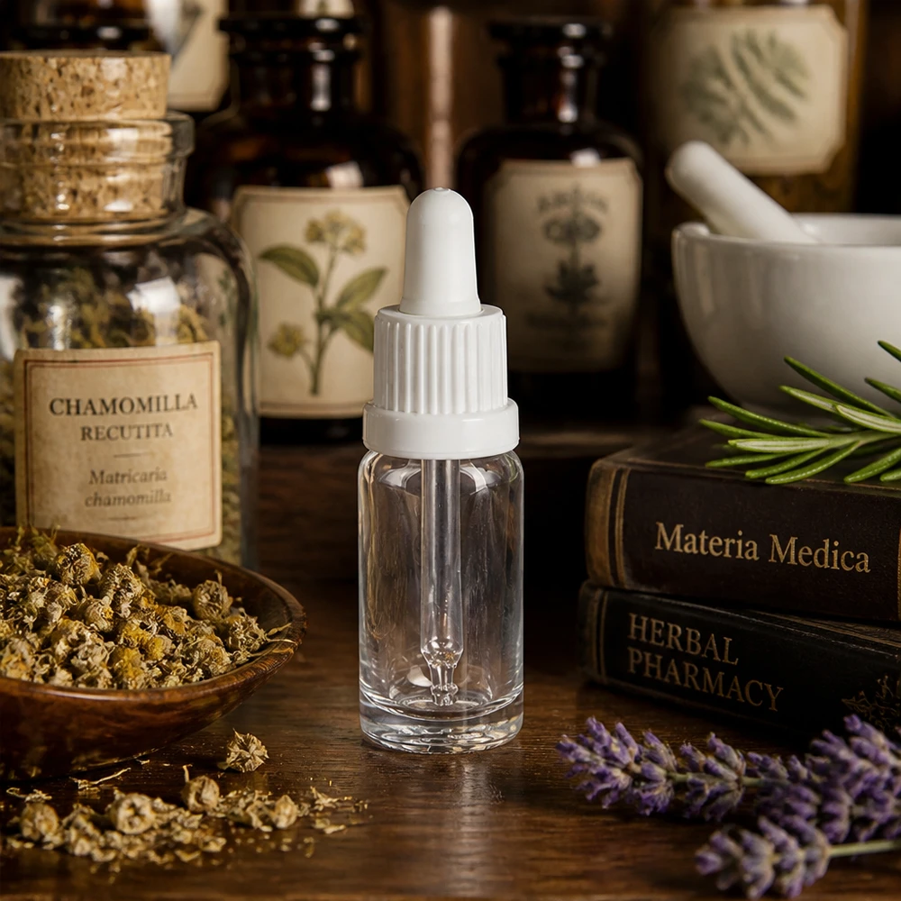 Serumflasche 10ml Klarglas mit weißem Kindersicherheitsverschluss in naturheilkundlichem Setting
