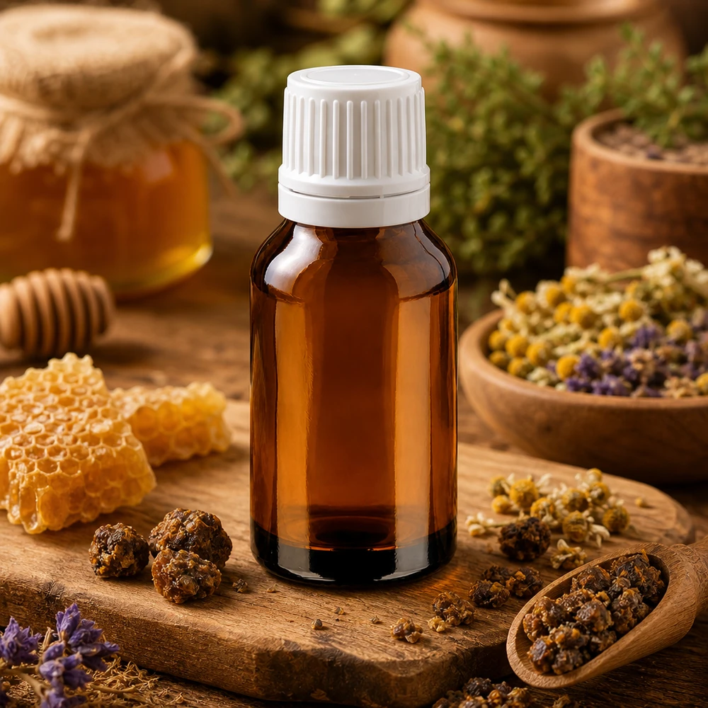 Braune Apothekenflasche mit Präzisionstropfer 1,2mm zwischen getrockneten Heilkräutern und Honig