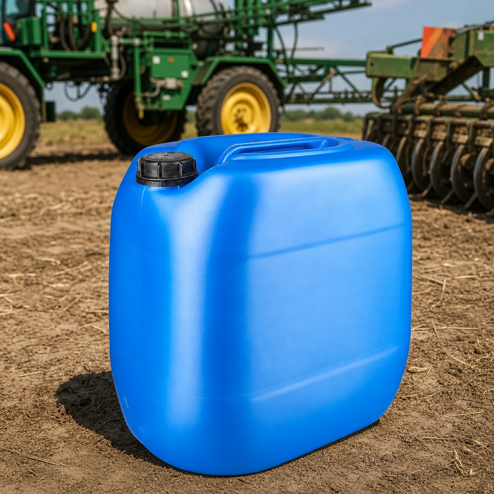 Kanystr Jerrycan 30 litrů modrý se šroubovacím uzávěrem s pojistkou proti otevření. Blauer PE-Kanister 30 Liter mit OV-Verschluss für Agrarbetrieb neben Bodenbearbeitungsmaschine