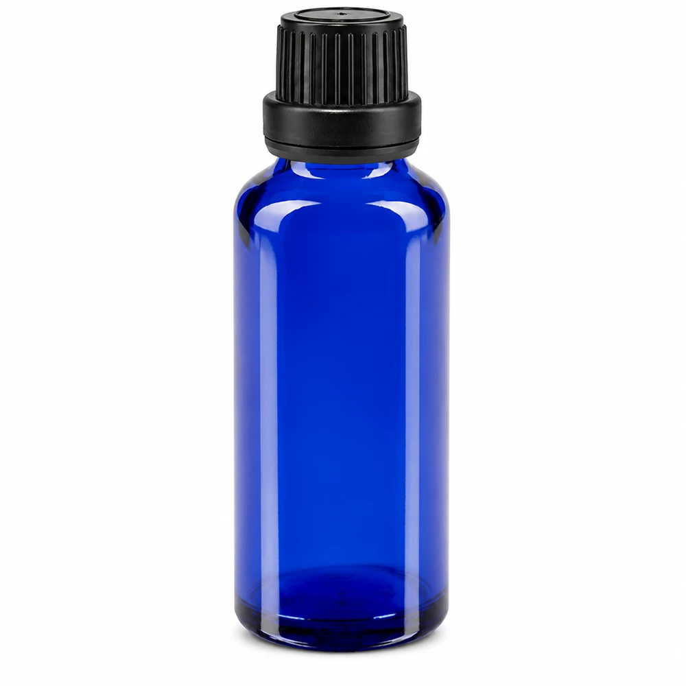 Kleine blaue Medizinflasche 30ml aus Apothekenglas mit schwarzem Tropfverschluss