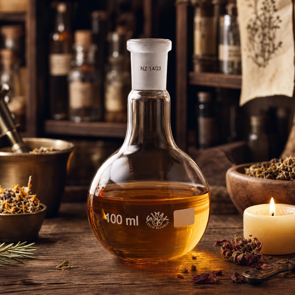 Baňka na kyčelní kloub 100 ml se standardním broušeným kloubem (14/23) Reaktionskolben 100ml mit bernsteinfarbigem Inhalt und standardisiertem Schliff 14/23