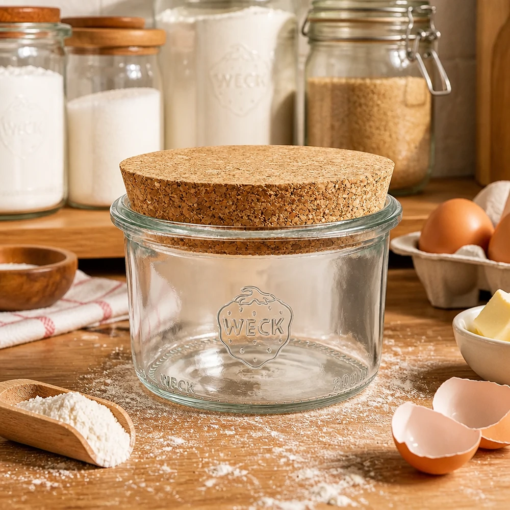 WECK Sturzglas 200ml RR80 mit Korkdeckel auf Holzarbeitsfläche umgeben von Backzutaten Mehl Eiern und Butter