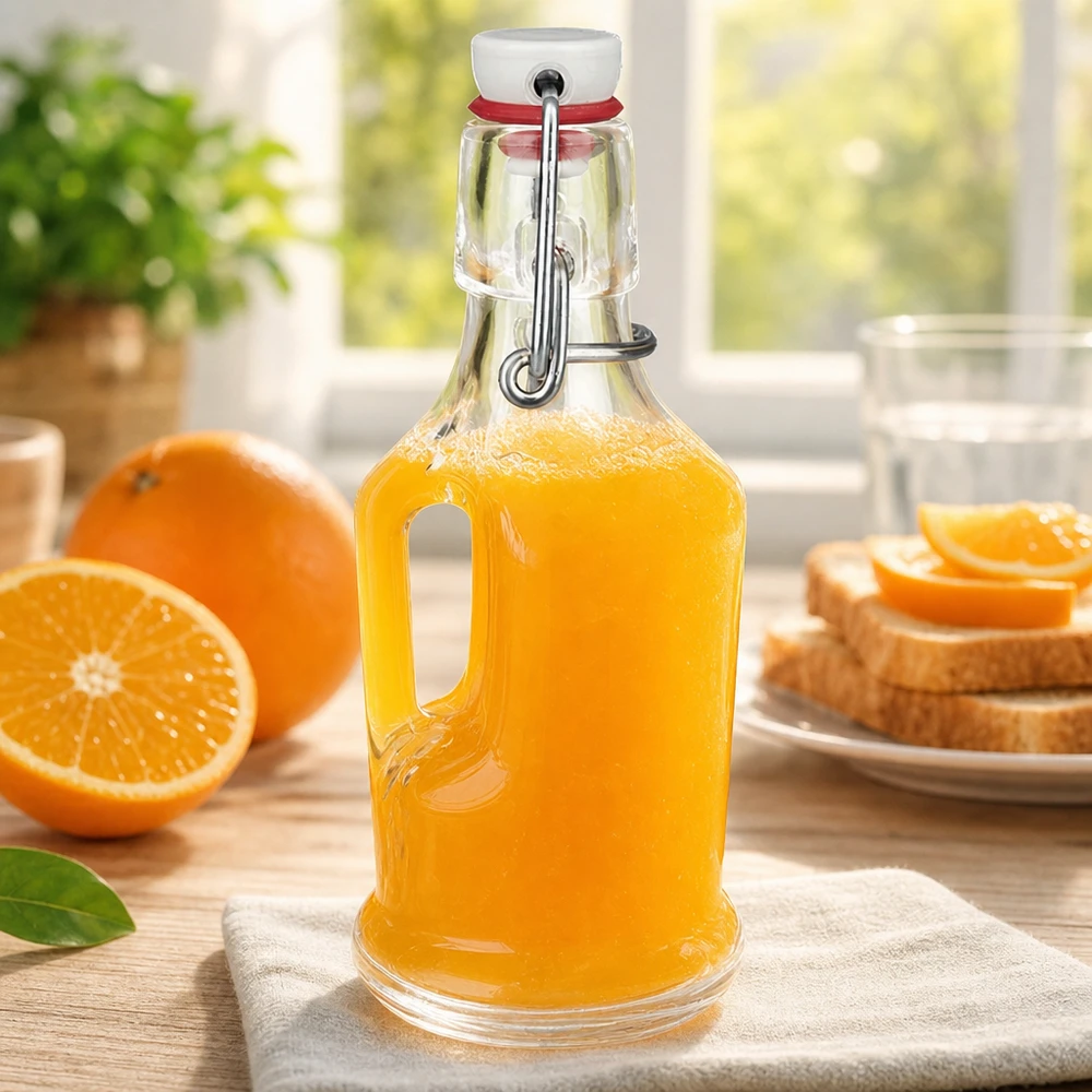 200ml Glasflasche "Bertha" + Porzellan Bügelverschluss UNiTW UNiTW Glasflasche Bertha 200ml mit Orangensaft gefüllt neben frischen Orangen und Toast Bügelverschluss Frühstücksszene