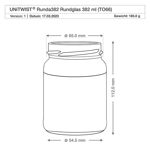 Kulatá sklenice o objemu 382 ml bez víčka (TO66) UNiTWIST UNiTWIST Runda382 Rundglas 382ml TO66 technische Zeichnung mit Maßangaben Durchmesser 65mm Höhe 112mm Gewicht 185g