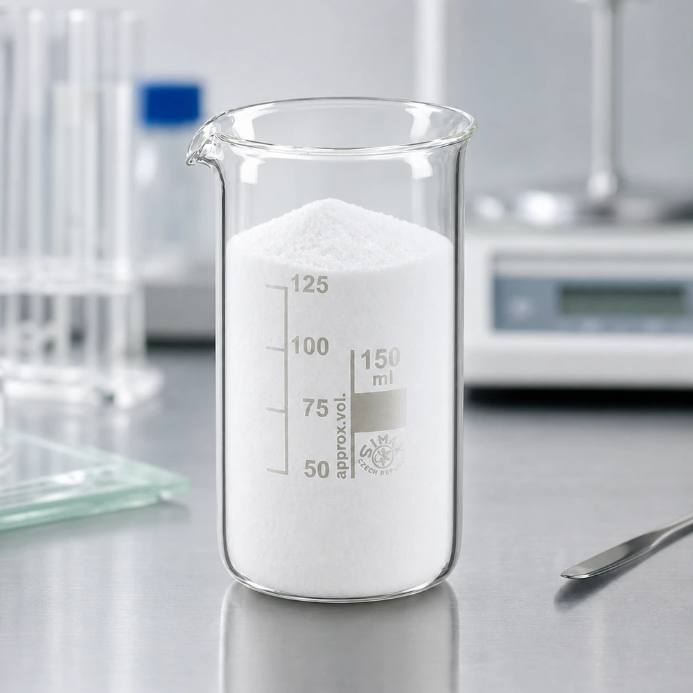 Kádinka 150 ml z borosilikátového skla, vysoký tvar Becherglas 150ml hohe Form mit Reagenzglasständer und Präzisionswaage im Hintergrund