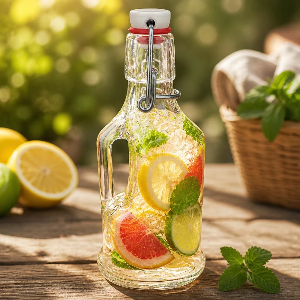 200ml Glasflasche Bertha mit Zitronen-Grapefruit-Infusion, Minze, Bügelverschluss UNiTWIST, Outdoor-Ambiente